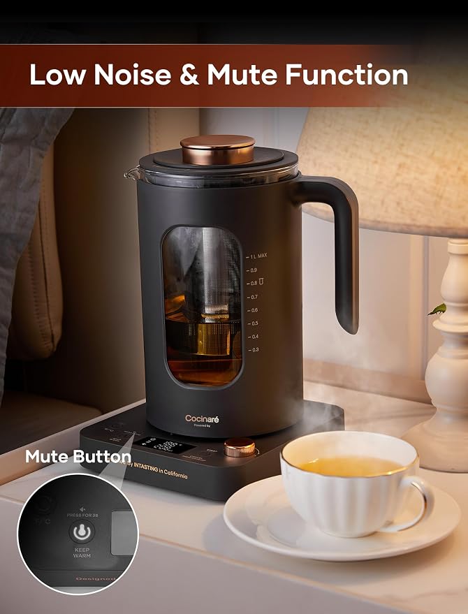 INTASTING Electric Tea Kettle with Infuser, 1℉ Temperature Control, 1 Liter | 1200W Fast Heating, BPA-Free Glass, Easy to Clean, Keep-warm, Auto shut-off, Dark Gray