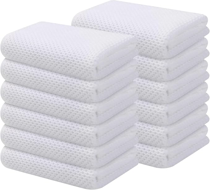 Kitinjoy 100% Cotton Waffle 12-Pack Kitchen Towels, 13" x 28", White | Super Soft, Ultra-Absorbent, Fast Drying, lightweight, Quick Drying Kitchen Hand Towels