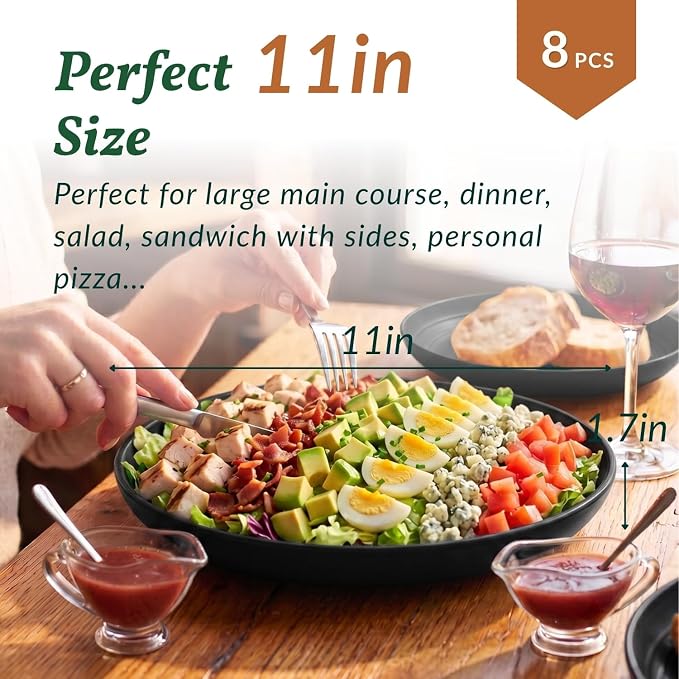 Wheat Straw Plates Set - 11 inch Reusable Large Dinner Plates Set of 8, Lightweight Unbreakable Salad Plates, Microwave and Dishwasher Safe Plates, Deep Plates for Dinner, Camping - Black