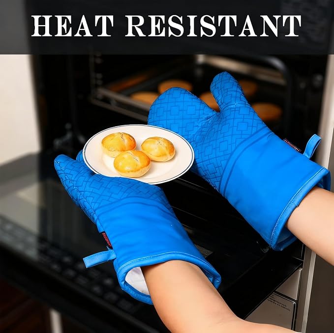 Oven Mitts and Pot Holders Sets 6pcs, Kitchen Oven Glove,High Heat Resistant 550 Degree Extra Long Oven Mitts and Potholders with Non-Slip Silicone Surface for Home Essentials (Grey) (Navy Blue)