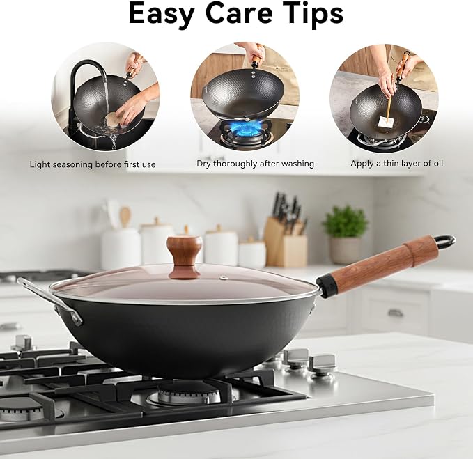 WANGYUANJI Carbon Steel Wok with Lid, 12.6" Hammered Stir Fry Pan with Helper Handle & Iron Spatula, Thickened Heavy Duty Flat Bottom Wok for Induction, Electric & Gas Stoves, Metal Utensil Safe