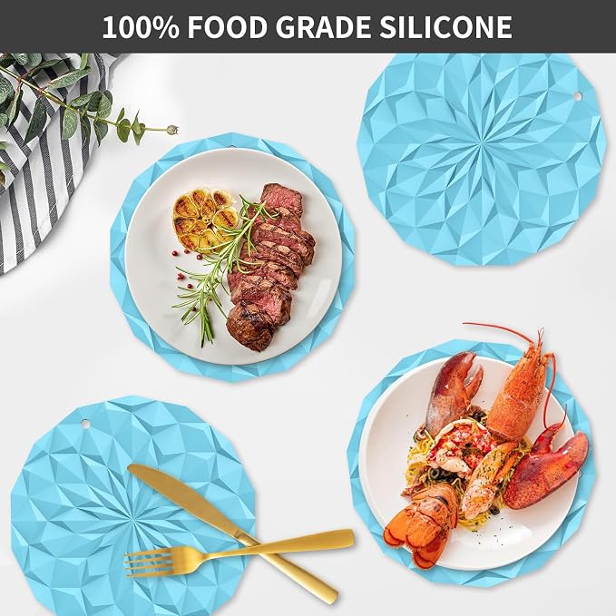 ME.FAN Silicone Trivet Mats - 4 Pack Pot Holders - 7.4'' Thickened Hot Pads for Hot pots, Pans and Dishes, Heat Resistant Silicone Trivet for Table and Counter Top Blue