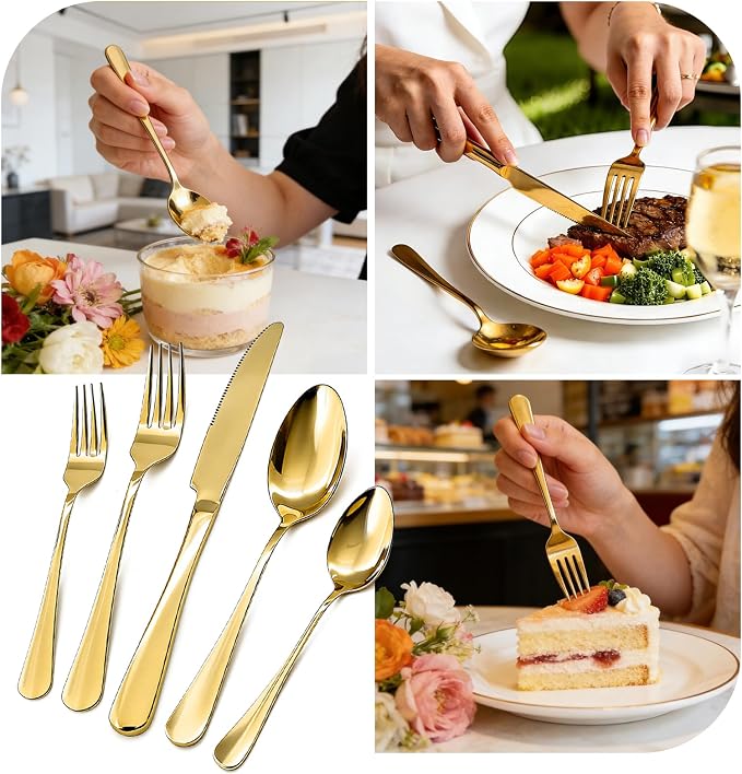 20 Piece Silverware Set, Kitchen Utensils Set for Restaurant & Home, Stainless Steel Cutlery Set, Flatware Set include Forks, Knives, Spoons, Household Essentials for New Home, Gold