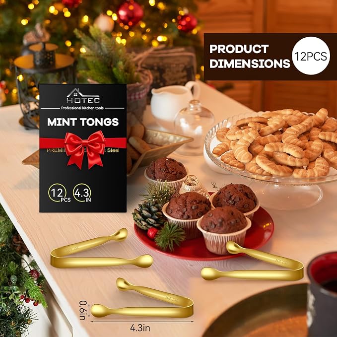 HOTEC 12Pcs Mini Gold Tongs for Serving, 4.3" Small tongs Stainless Steel Sugar Tongs for Coffee Bar, Tea Party, Appetizers, Desserts, Buffet and Ice Bucket Food-Grade & Dishwasher Safe