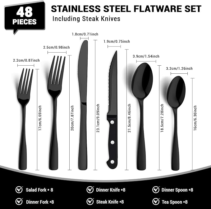 BEWOS 48-Pieces Black Silverware Set for 8 - Stainless Steel Flatware Set with Mirror Polish, Black Silverware Set Including Steak Knives, Forks and Spoons, Dishwasher Safe for Restaurant
