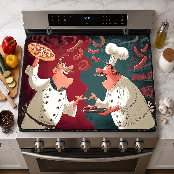 Electric Stove Top Cover for Glass Top, Funny Chef Pizza Decor – Heat Resistant Flat Stove Top Covers, Decorative Scratch Protector Mat for Glass Ceramic Cooktop, Non-Slip, 28"x20"