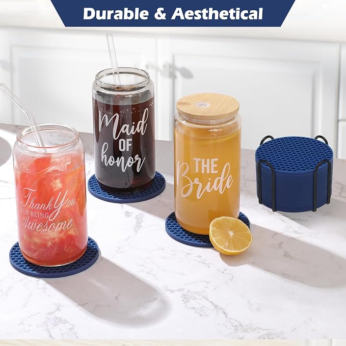 TWTLi Silicone Coasters Set of 12 with Holder — Non-Slip Drink Coasters for Coffee Table, Home Bar & Kitchen, Protects Wood & Marble Surfaces from Water Rings, Dishwasher Safe (Navy Blue)