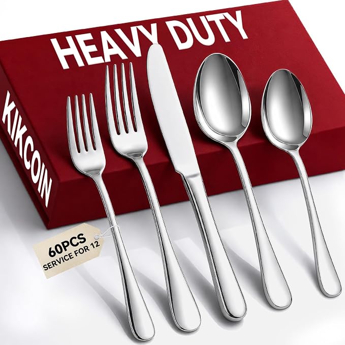60 Pcs Silverware Set for 12, Stainless Steel Flatware Utensil Cutlery Set | Rust-Proof, Heavy Duty, Mirror Polished Knives Forks and Spoons Set, Dishwasher Safe for Kitchen Dining, Wedding Housewarming