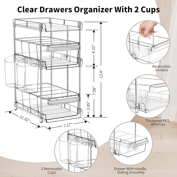 WAKISA 2Pcs Pull Out Organizer and Storage with Cups and Removable Dividers | Slide Out Drawer Storage Containers for Bathroom, Kitchen and Under-Sink Organization with 2 Cups and 6 Removable Dividers