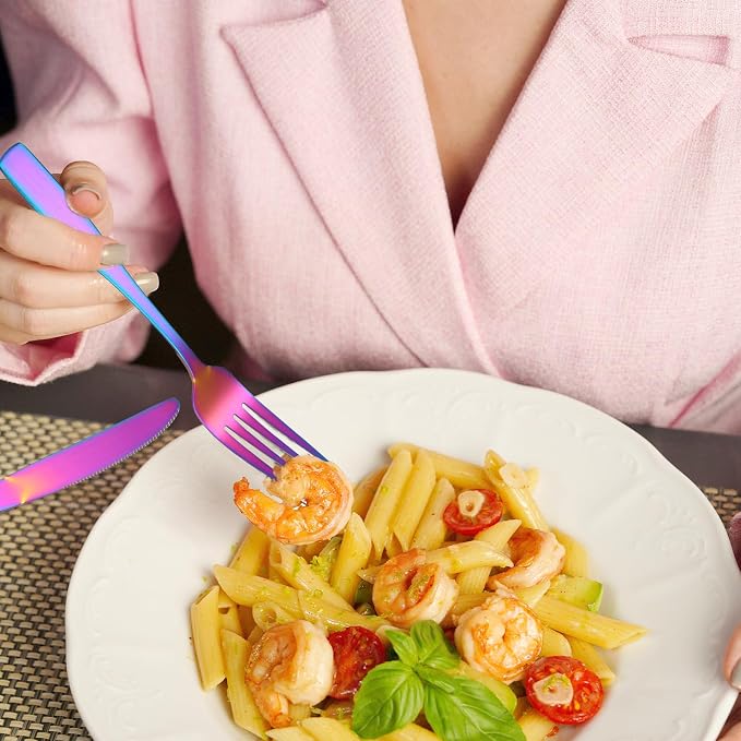 Matte Rainbow Silverware Stainless Steel Flatware Set for 6 Colorful Cutlery Set 30 pieces Include Forks Spoons and Knives for Kitchen Home Restaurant Satin Finish Square Edge Handle
