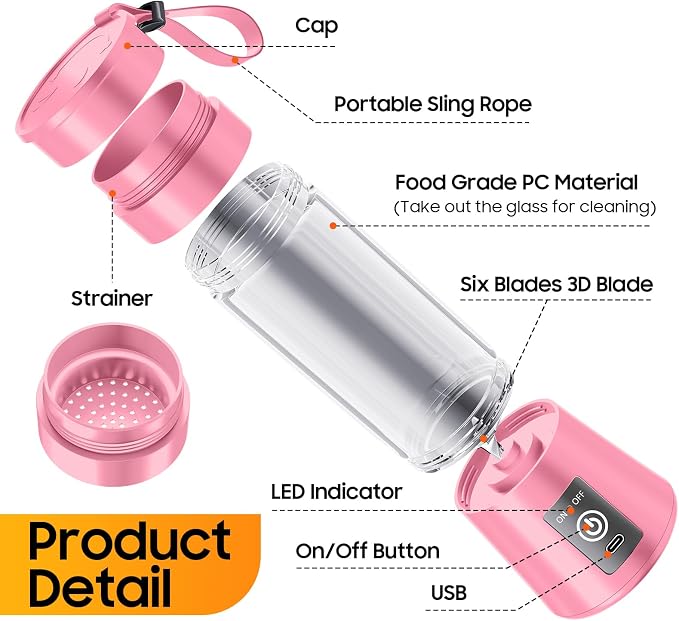 Portable Personal Size Mini Blender - 2026 New Upgrade Smoothies Blender | Small Blender with 380Ml Traveling BAP Free Cup for Sports/Home, 6 Blades Easily Squeeze Fresh Juice, 20000Rpm/Min Speed