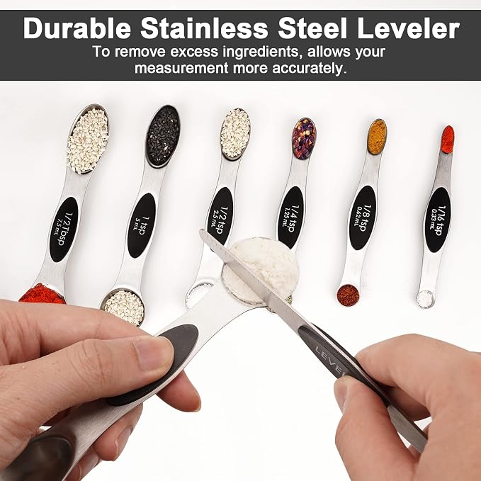 Aovchei 8 PCS Black Magnetic Measuring Spoons Set | Dual Sided, Stainless Steel Small Tablespoon, Teaspoons, Fits in Spice Jars, for Dry and Liquid