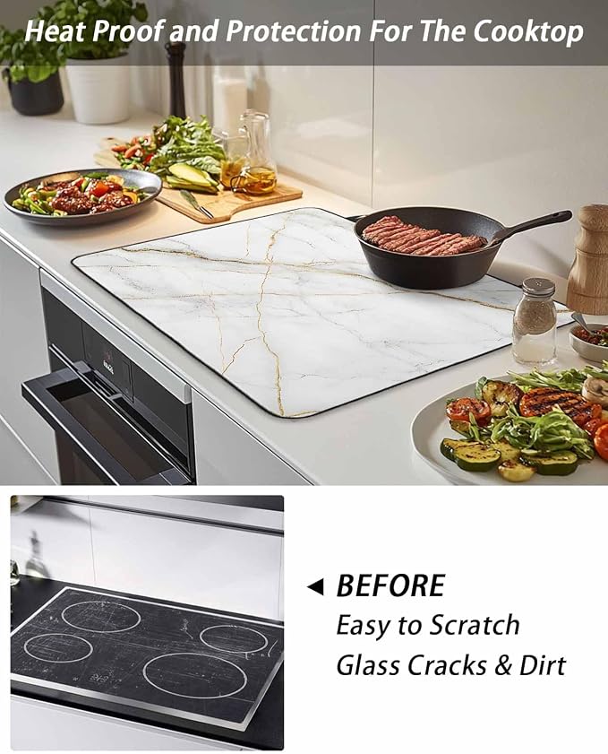 Stove Top Covers for Electric Stove 31x24 Inches, White Marble HeatResistant Glass Cooktop Protector, Nature Marble Crack Yellow-golden Lines Ceramic Stovetop Countertop Covers Mat, Modern Oven Cover