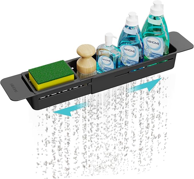 NiHome Extendable Kitchen Sink Caddy Extra Long Brush Sponge Storage Holder | Expandable Kitchen In Sink Organizer Extra Long for Brush & Sponge with Drainage, Adjustable Length, Non-Slip Pads (Black)