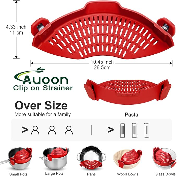 AUOON Pot Strainer Clip on Silicone, Large 10.45 x 4.33 in, Red | Fits Pots Pans Bowls, Dishwasher Safe, for Pasta Noodles Vegetable Fruits, Space-saving Kitchen Gadget