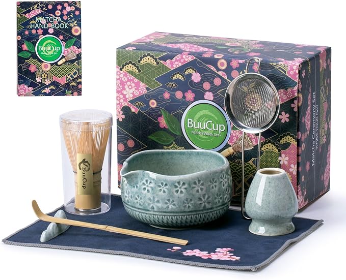 Buucup Blue Matcha Set, Ceramic Bowl Kit with Bamboo Whisk & Tools | Complete 7-piece Japanese-style matcha kit with bowl, whisk, scoop, holder, sifter and tea towel for daily tea rituals.