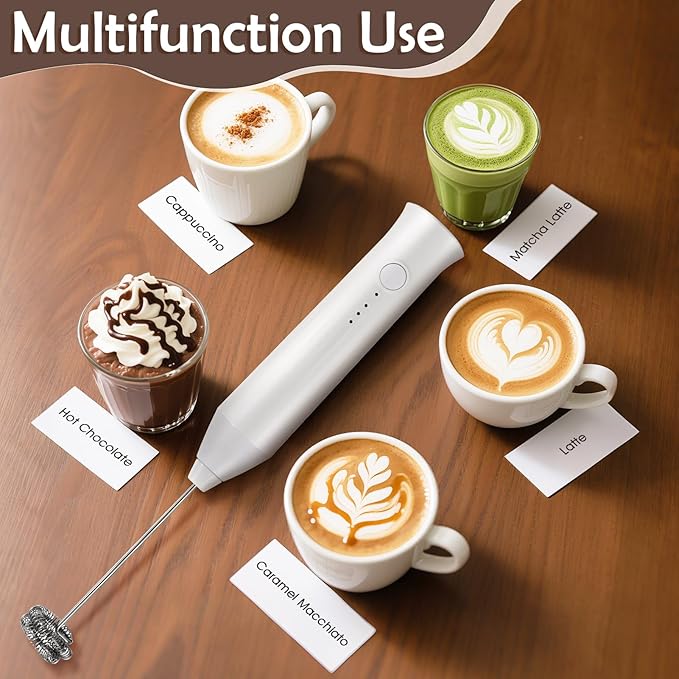 Milk Frother Handheld Rechargeable, Frother Wand Drink Mixer Electric Whisk for Coffee, Detachable With 2 Stainless Whisks, Hand Mixer for Lattes, Matcha, Egg(White)