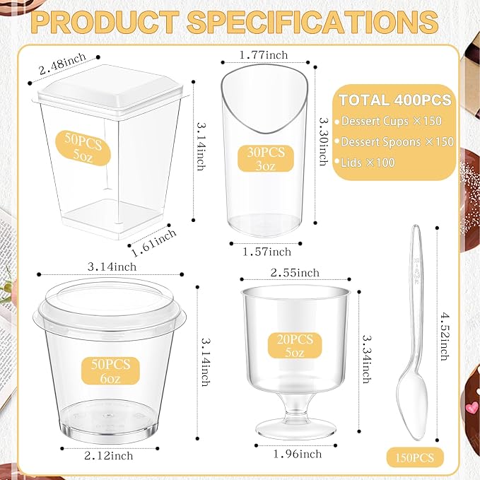 mwellewm 400 Pcs Dessert Cups with Lids and Spoons, 5 OZ Parfait Cups 3 OZ Plastic Desert Cups Clear Mini Shooter Cups for Party Reusable Small Appetizer Serving Fruit Cup Ice Cream Cake Pudding