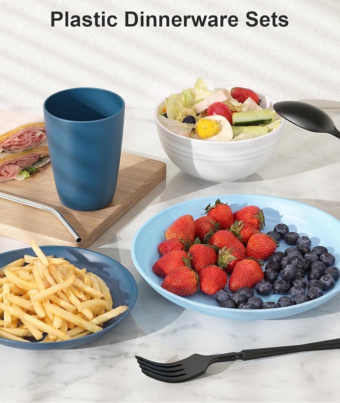 Quatish 48 Piece Plates and Bowls Sets for 6, Unbreakable Dinnerware Sets, Plastic Dish Set for Camping, Dishwasher Microwave Safe, Outdoor Kitchen and Apartment Dinning RV Essentials, Blue