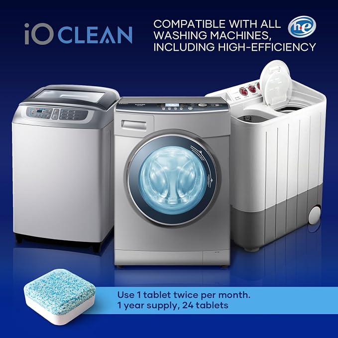 iO CLEAN Washing Machine Cleaner Descaler Tablets, 24 Count |1 Year Supply | Deep Clean Washer Cleaner Tablets for HE Front Load & Top Load – Unscented Washing Machine Descaler for Odor Control