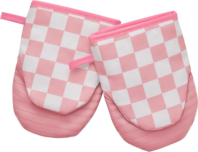Ohocut Pink Checkered Mini Oven Mitts Heat Resistant, Vintage Retro Checkerboard Mini Silicone Oven Mitts Cute, Non-Slip Small Short Kitchen Oven Gloves Set of 2