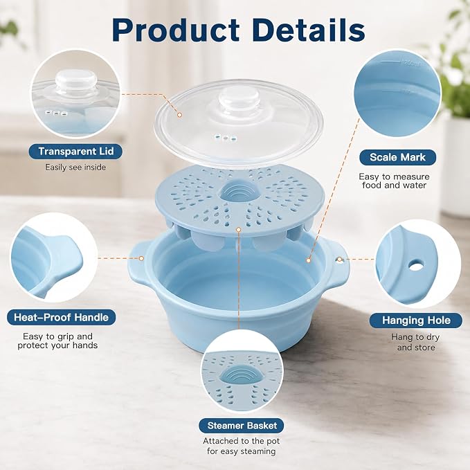 42oz Silicone Microwave Food Steamer with Steam Basket, Collapsible Steamer for Cooking Vegetable, Seafood, Dumplings, Rice Cooker, BPA Free Small Steam Pot with Handle & Lid, Dishwasher Safe (Blue)