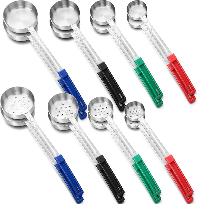 Teenyyou 16 Pcs Portion Control Serving Spoons, Restaurant Measuring Serving Ladle Utensils, Portion Control Slotted Scoops for Weight Loss, Solid and Perforated Scoops(4 Colors,4 Sizes)