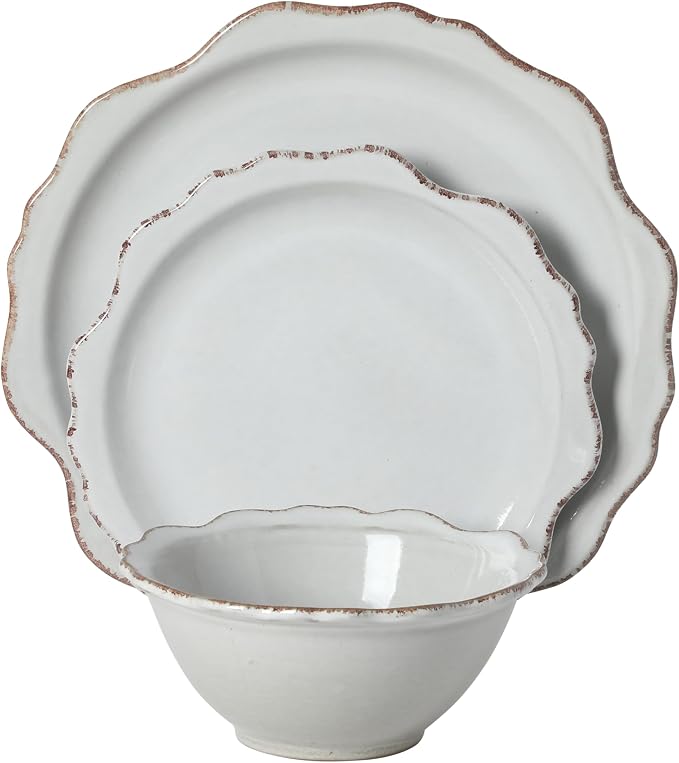 Gibson Elite Kennon Road Plates and Bowls Set, 12-Piece Dinnerware Set, White Scalloped Stoneware Dishes, Dinner Plates, Salad Plates & Cereal Bowls, Reactive Glaze