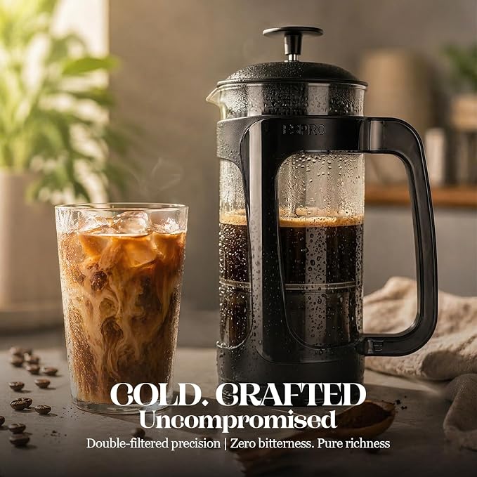 ESPRO Light P3 French Press Coffee Maker – Patented Double Micro-Filter for Grit-Free Brew, Heat Resistant thicker Borosilicate Glass Coffee press – (Black 18 oz) (Pack of 2)