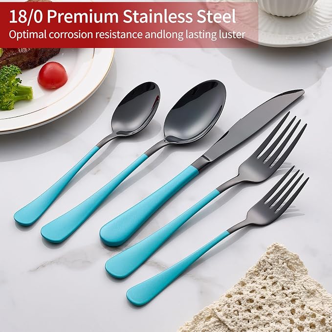 20-Piece Lake Blue Silverware Set 18/0 Stainless Steel Black Silverware Set Lake Blue Handle Cutlery Black Set Service for 4 Dinner Knives Forks Spoons Flatware Set Dishwasher Safe