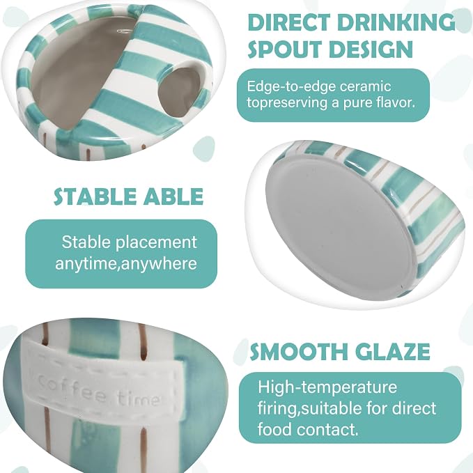 1 Pack Ceramic Mug with Sip Hole, Simple, Blue and Brown | 10oz Ceramic Coffee Cup with Straws, Retro Hand Painted Striped, for Iced Coffee Tea Latte Espresso, Kitchen Dining Travel