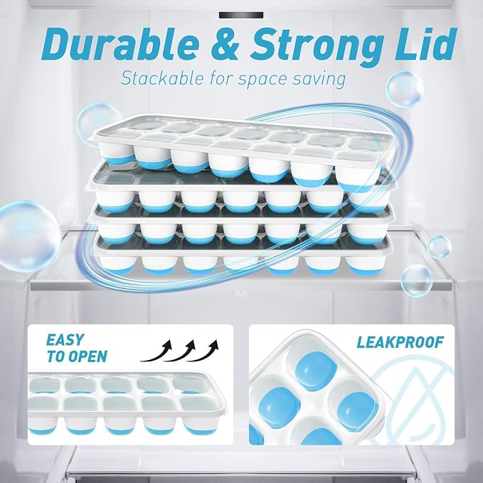 ChefAide Ice Cube Tray with Lid and Bin, 3 Packs 42 Cubes Silicone Plastic Ice Cube Trays for Freezer, Stackable Ice Tray with Container, Ice Scoop for Drinks, Coffee and Cocktails