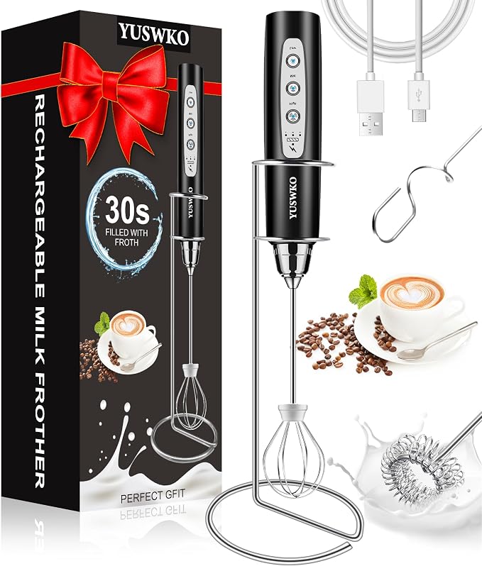 YUSWKO Handheld Milk Frother Wand for Coffee, Rechargeable Electric Whisk with 3 Heads 3 Speeds Drink Mixer Coffee Frother For Latte, Cappuccino, Hot Chocolate, Egg, Black with Holder