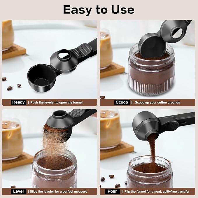 2-in-1 Coffee Scoop with Funnel, 2 Tbsp Measuring Spoon for Reusable K Cups, Ground Coffee, Protein Powder & Tea, Mess-Free Plastic Design（Black-2pack）