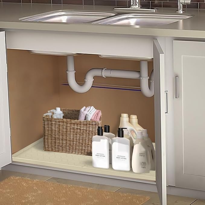 Under Sink Mat for Kitchen Silicone Waterproof Under Sink Liner, Flexible Sink Cabinet Organizer Tray with Drain Hole, Hold up to 3.3 Gallons Liquid, Easy to Clean (Beige, 34X22)