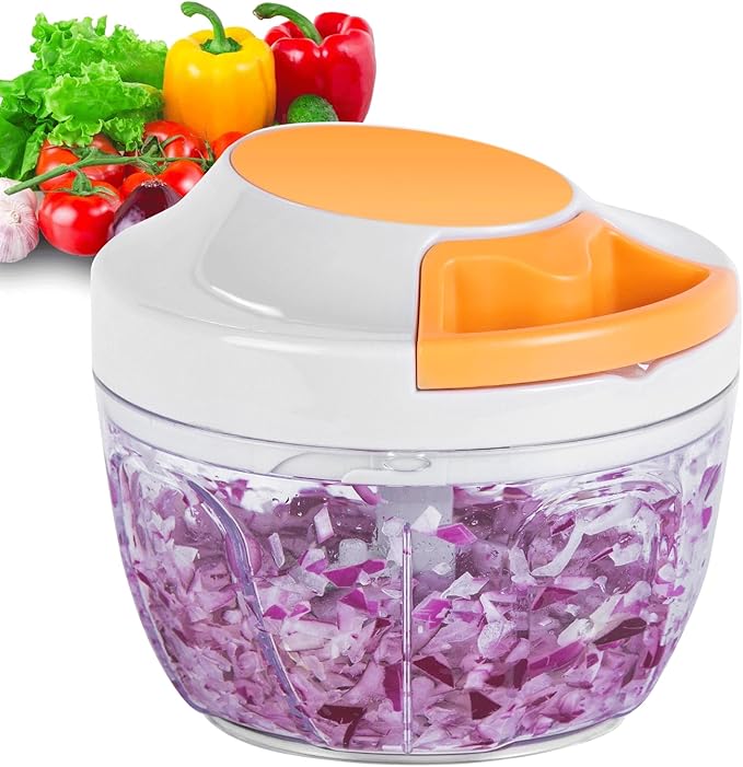 Manual Food Processor & Vegetable Chopper, Hand Pull String Garlic Mincer Onion Chopper Dicer for Salsa Pesto Guacamole, 3 Stainless Steel Blades, 500ml White