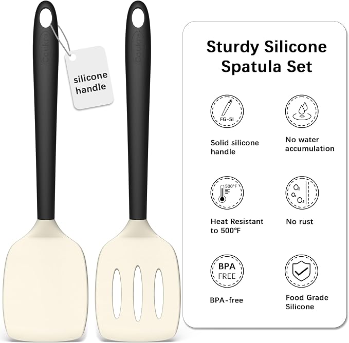Coukre 2 Pack Silicone Spatula Set,High Heat Resistant, BPA-Free | Dishwasher Safe Kitchen Spatula for Nonstick Pans, Solid & Slotted Turners for Cooking, Sautéing, and Flipping, BeigeBlack