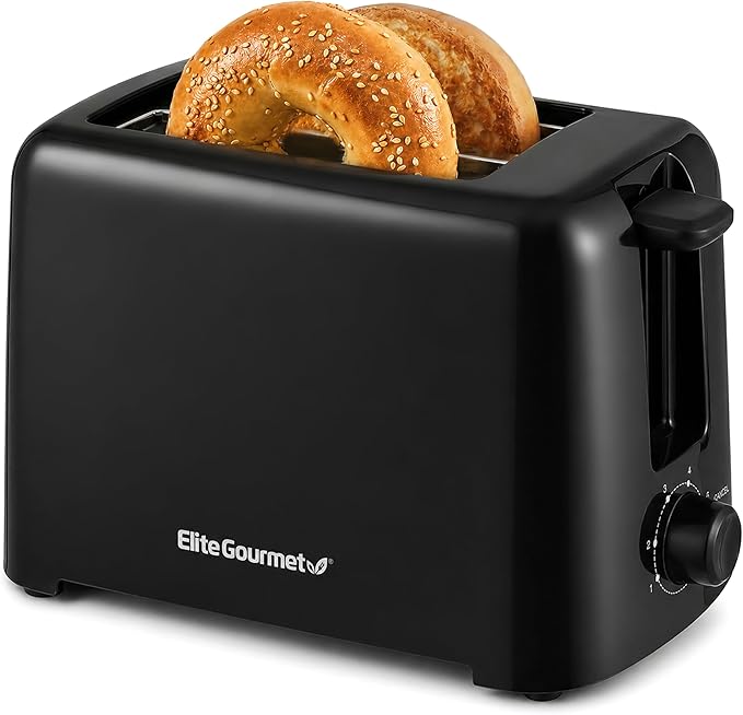 Elite Gourmet 2-Slice Cool-Touch Toaster, Extra-Wide 1.25" Slots, Black | 6 Browning Levels, Fits Bagels & Thick Bread, Cancel Function, Compact & ETL Certified