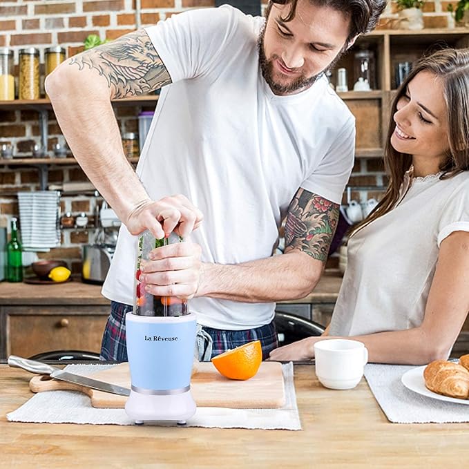 La Reveuse Personal Smoothie Blender, 7 Pieces Set, 250W, Sky Blue | for Shakes Smoothies Dips Sauces, BPA-free, Push to Blend, (1) 15oz Cup, (1) 10oz Mug, Dishwasher Safe, Compact, LARB1825