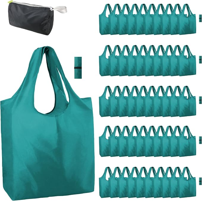 BeeGreen Marrs Reusable Grocery Bags Wholesale Green Reusable Kitchen Bags Bulk Foldable-Machine Washable with Zipper Storage Pouch 50 Packs