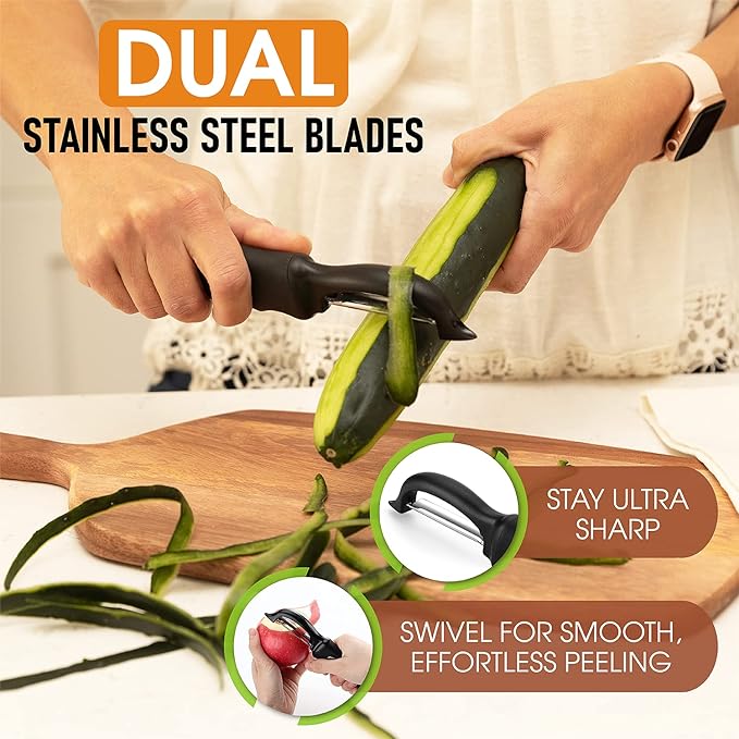 Spring Chef Swivel Vegetable Peeler for Kitchen w/Soft Grip Handle, Black | Premium Potato Peeler w/ Ultra Sharp Stainless Steel Blades, Multifunctional Veggie Peeler for Apple, Carrot, Cucumber, Fruit