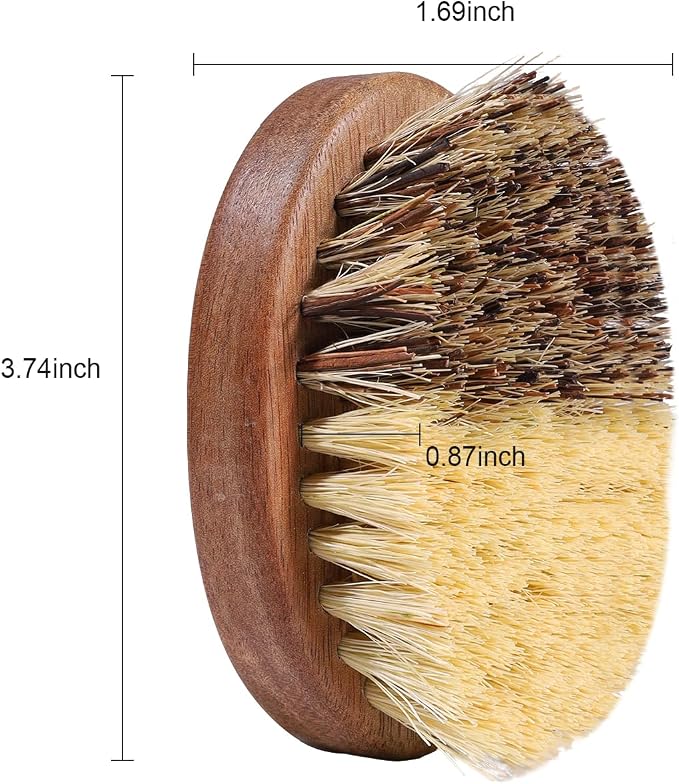 SAMEBUTECO Fruit & Vegetable Cleaning Brush with Acacia Wooden Handle, Dual Bristle Produce Scrubber with Sisal and Palm Fibers, Oval Easy-Grip Design, Single Brush with Box,Brown
