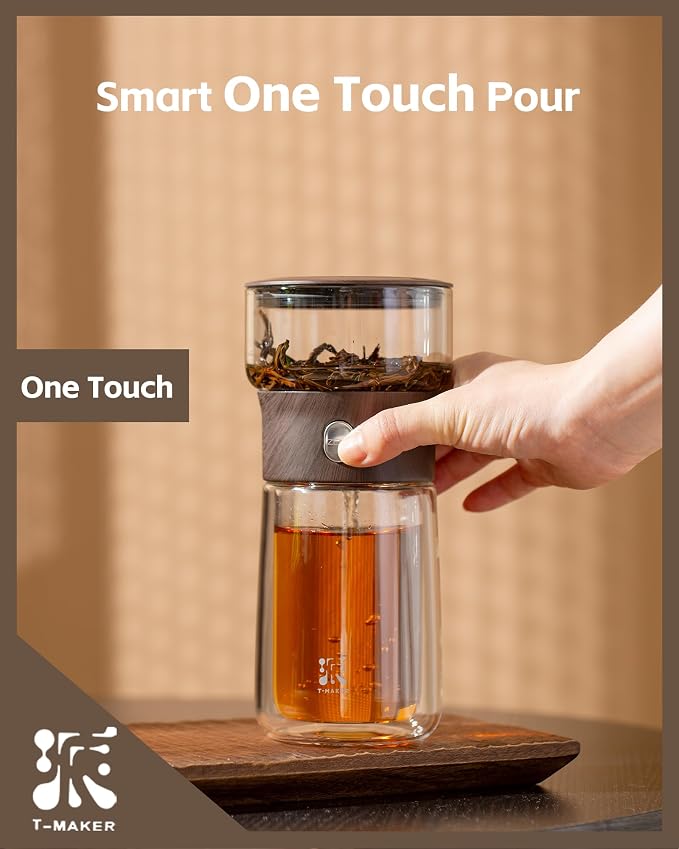 ZENS Glass Infuser Teapot, One Touch Tea Maker for Loose Leaf Tea | Modern Magic Tea Diffusers with 9oz Insulated Mug, Portable Tea Infuser Pot for Herbal Tea Lovers Gifts