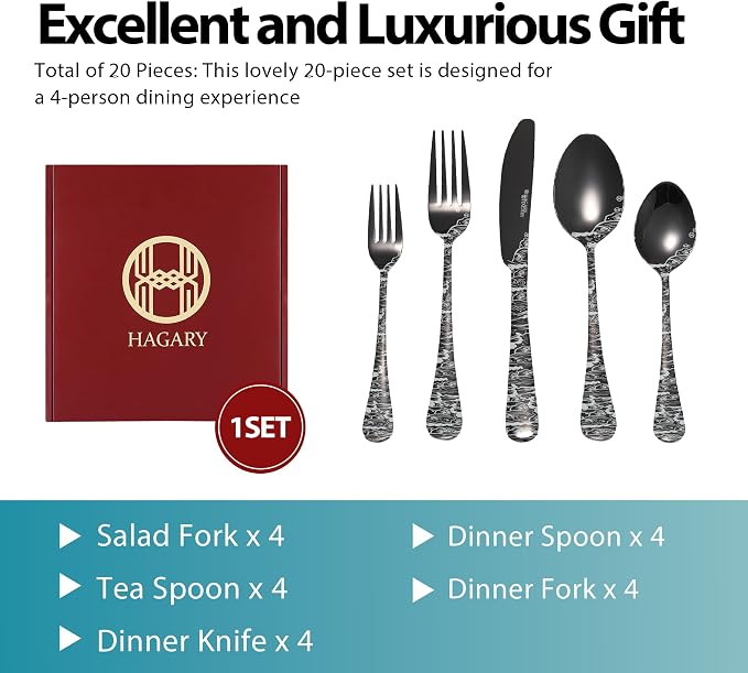 Wave Cutlery Set 20 Pieces Stainless Steel Flatware Set Service for 4 Utensils For Home Kitchen Wedding Laser Engraved Dishwasher Safe (All Black)