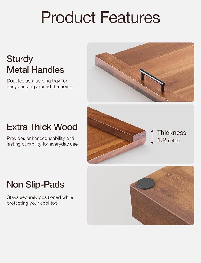 TIDITA 30"Lx22"W Acacia Stove Top Covers for Electric Stove, Metal Handles | Acacia Wood, Metal Handles, Non-Skid Pads, Easy Assembly, Wooden Noodle Board for Gas Stovetop, Gas Stove Cover, Multi-Use