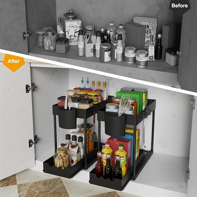 2 Pack Under Sink Organizers and Storage, 2-Tier Sliding Cabinet Organizer Drawer for Bathroom and Kitchen – Multi-Purpose Cabinet Organizer with Easy Pull-Out Design (Black)