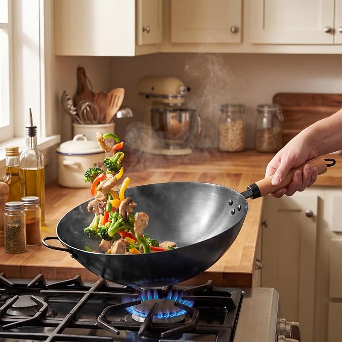 NEWBULIG 13.5" Carbon Steel Wok Pan, Pre-Seasoned Flat Bottom Wok for Stir Fry, BBQ, Grill & Camping, Compatible with Induction, Electric, Gas and Open Fire, Black