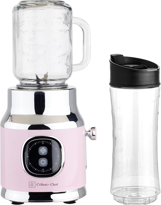 Culinary Chef, 300W Smoothie Maker Blender with 500ml Glass Mason Jar & 600ml BPA-Free Sports Bottle, Personal Smoothie Blender for Smoothies, Shakes, Frozen Fruit & Ice, Pink