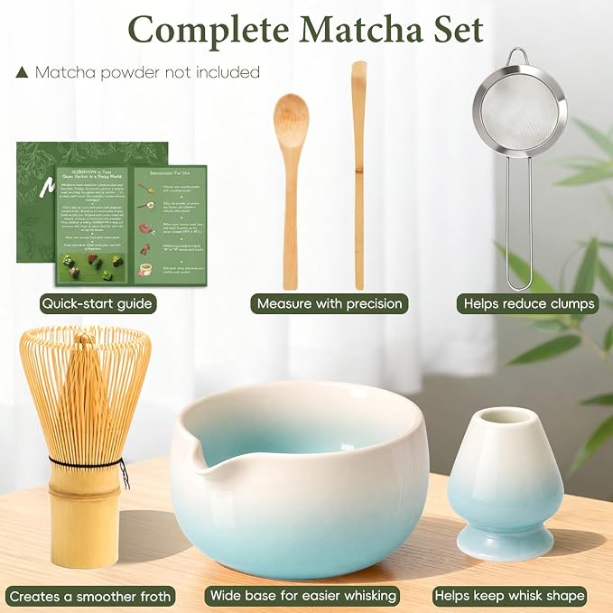 Matcha Whisk Set, Ceramic Matcha Set Includes Bowl & Holder, Bamboo Whisk (Chasen), Scoop, Spoon and Sifter, 6Pcs Matcha Kit Covers Everything Needed for Making Matcha (Blue)