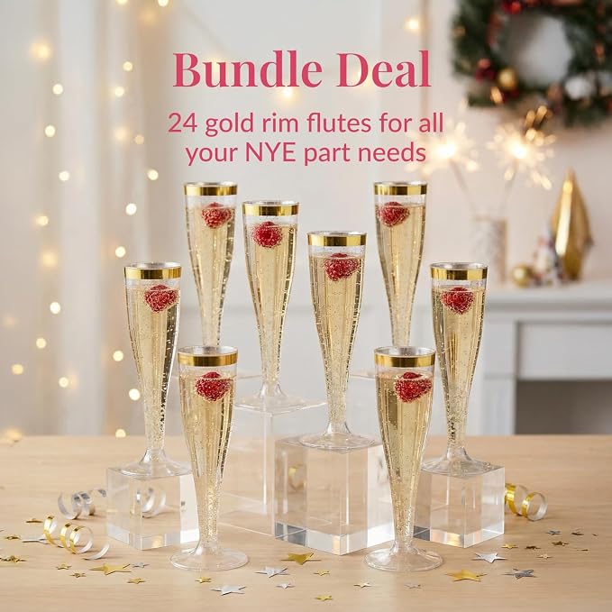Prestee Set of 24 Plastic Champagne Flutes with Gold Rim - 4.5 oz - Shatterproof Disposable Glasses for Weddings, Cocktail Parties, and Outdoor Celebrations